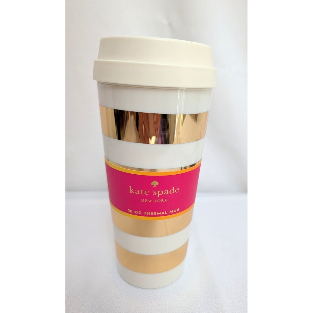 Kate Spade Striped Gold 16 oz Thermal Travel Mug Coffee Cup Hot Gold